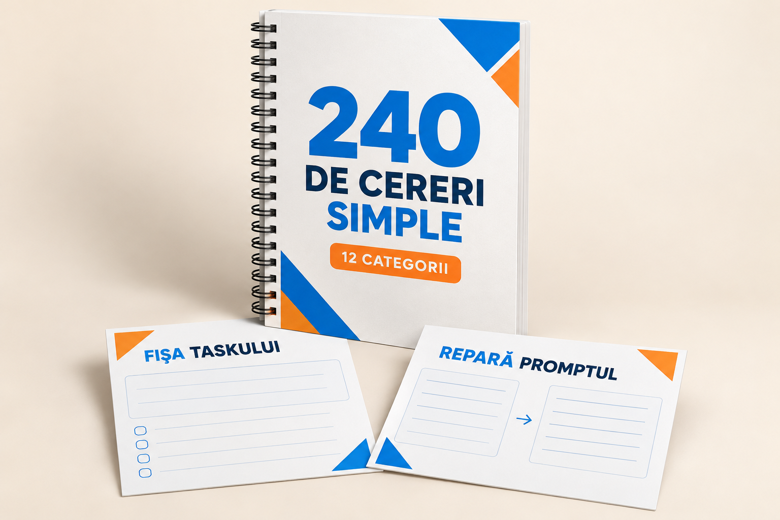 Mockup ilustrativ: caietul cu 240 de cereri și fișele de lucru