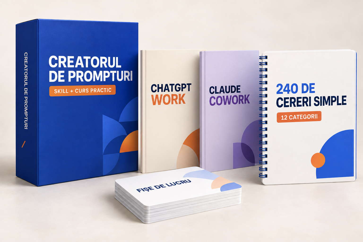 Mockup ilustrativ al pachetului digital: Creatorul de prompturi, manuale, caiet și fișe